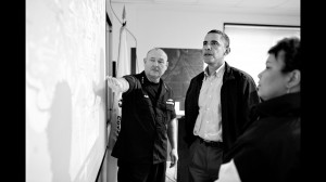 Former U.S. Coast Guard Commandant Admiral Thad Allen and EPA Administrator Lisa Jackson brief President Barack Obama about the BP oil spill in Venice, La. on May 2, 2010. Official White House photo