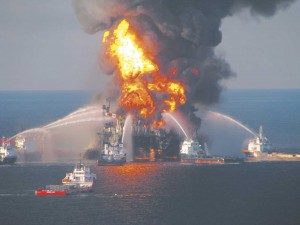 Fire boats battle blazing remnants of the Deepwater Horizon rig the day after it exploded on April 20, 2010.  Photo courtesy of the U.S. Coast Guard.