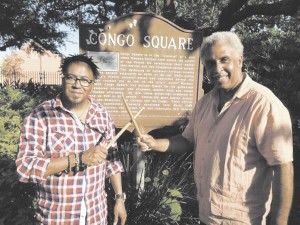 Celebrated drummer Luther Gray, right, and South African recording artist Ernie J. Smith visit Congo Square last week as the heralded musical ‘Africa Umoja, The Spirit of Togetherness’ kicked off its U.S. tour in New Orleans. Smith, a jazz vocalist and guitarist signed to New Orleans-based SAIG Entertainment, opened for the musical, which ran July 10-13 at the Mahalia Jackson Theater of the Performing Arts.