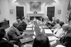 President Barack Obama meets with African-American civil rights leaders to discuss criminal justice reform, income inequality and the Affordable Care Act, in the Roosevelt Room of the White House, Feb. 18, 2014 Photo by Pete Souza/The White House