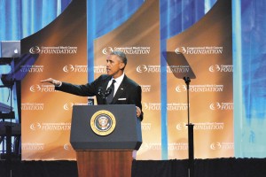 President Obama addressing those attending the Congressional Black Caucus Awards dinner in Washington, D.C. recently