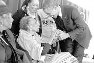 In Selma, the President greets former foot soldier Amelia Boynton Robinson, 103 years old, backstage before the ceremony. Official White House Photo by Pete Souza