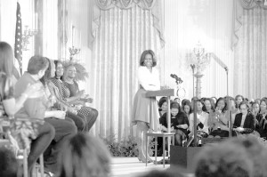 First Lady Michelle Obama delivers remarks at ‘Celebrating Women of the Movement, an event honoring Black History Month, in the East Room of the White House, February 20. Here, the First Lady introduces moderator Vanessa De Luca, Editor-in-Chief of Essence magazine and the panel of intergenerational women who have played a pivotal role in the civil rights movement — both past and present. Photo by Amanda Lucidon/The White House