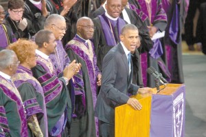 President Obama sings ‘Amazing Grace’ as the audience and presiding bishops join in.