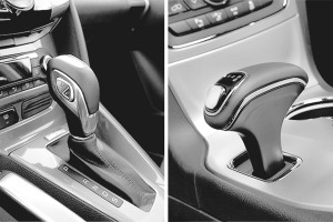 A traditional automatic shifter (left), compared to the confusing Fiat Chrysler shifter, shown in a model-year 2015 vehicle, implicated in over 100 crashes (right). Chrysler is no longer producing vehicles with this shifter.