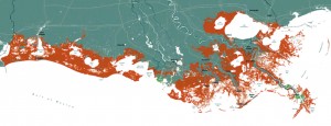 If the state does nothing more to restore the coast, the areas in red would become open water by 2061, according to projections by the Coastal Protection and Restoration Authority.