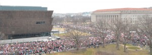 Activists attending the Women's March on January 20 are shown wrapped around the new National Museum for African American History and Culture.