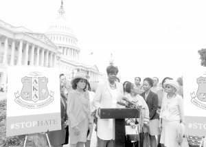 Dorothy Buckhanan Wilson, the International President of Alpha Kappa Alpha Sorority, Inc., gives remarks on Capitol Hill during a press conference about the recent suspected hate crime at American University in Washington, D.C.