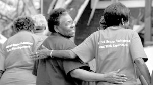 Senior volunteers helping after a tornado.