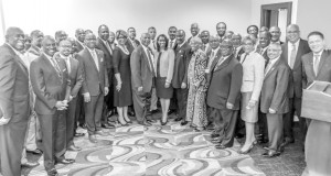 AME Church Bishops pose with Black bankers and business leaders after announcing historic partnership.