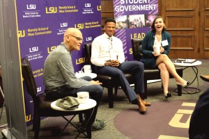 Political Strategist and LSU professor James Carville discussed the issues surrounding millennials' decision to stay or leave Louisiana with LSU student government president Stewart Lockett, and Re-Envisioning Louisiana symposium organizer Sarah Procopio.