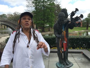 Tour guide Sakura Konē explaining the history of Buddy Bolden’s statue