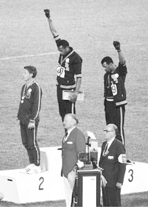 Tommie Smith and John Carlos at the 1968 Summer Olympics in Mexico City. Peter Norman of Australia is also on the winners' podium.