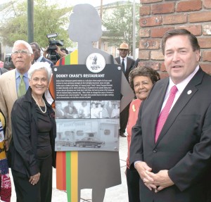 Edgar Chase III and Stella Reese Chase, are joined by Sybil Morial and La. Lt. Governor Billy Nungesser for the unveiling of the state's first Civil Rights Trail marker that recognizes Dooky Chase's Restaurant involvement in the Civil Rights Movement.