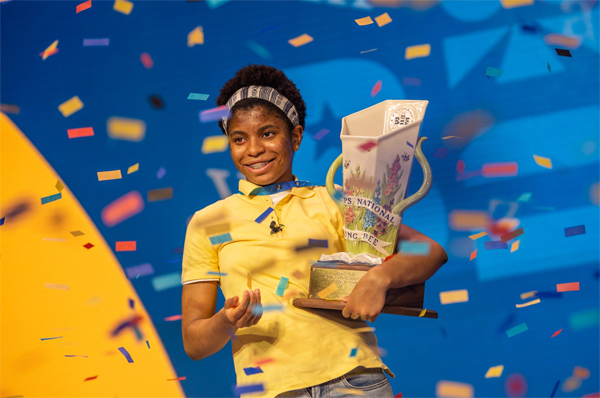 Zaila Avant-Garde holds the Scripps National Spelling Bee trophy. Photo credit: Scripps National Spelling Bee.