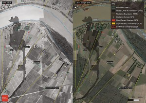 Forensic Architecture used historic maps and aerial images to identify possible burial sites near the proposed grain elevator. Photo courtesy of Descendants Project